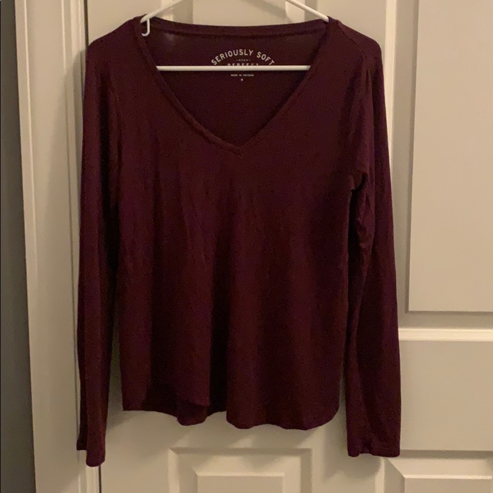 Maroon, v-neck, long sleeve shirt